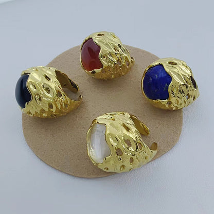 Round texture hollow natural stone ring Barcelona original design fashion retro high-end hand jewelry for women